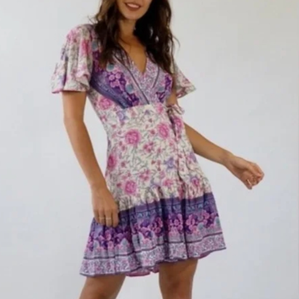 Salty Bright Boho Printed Wrap Dress 8 - Picture 3 of 16